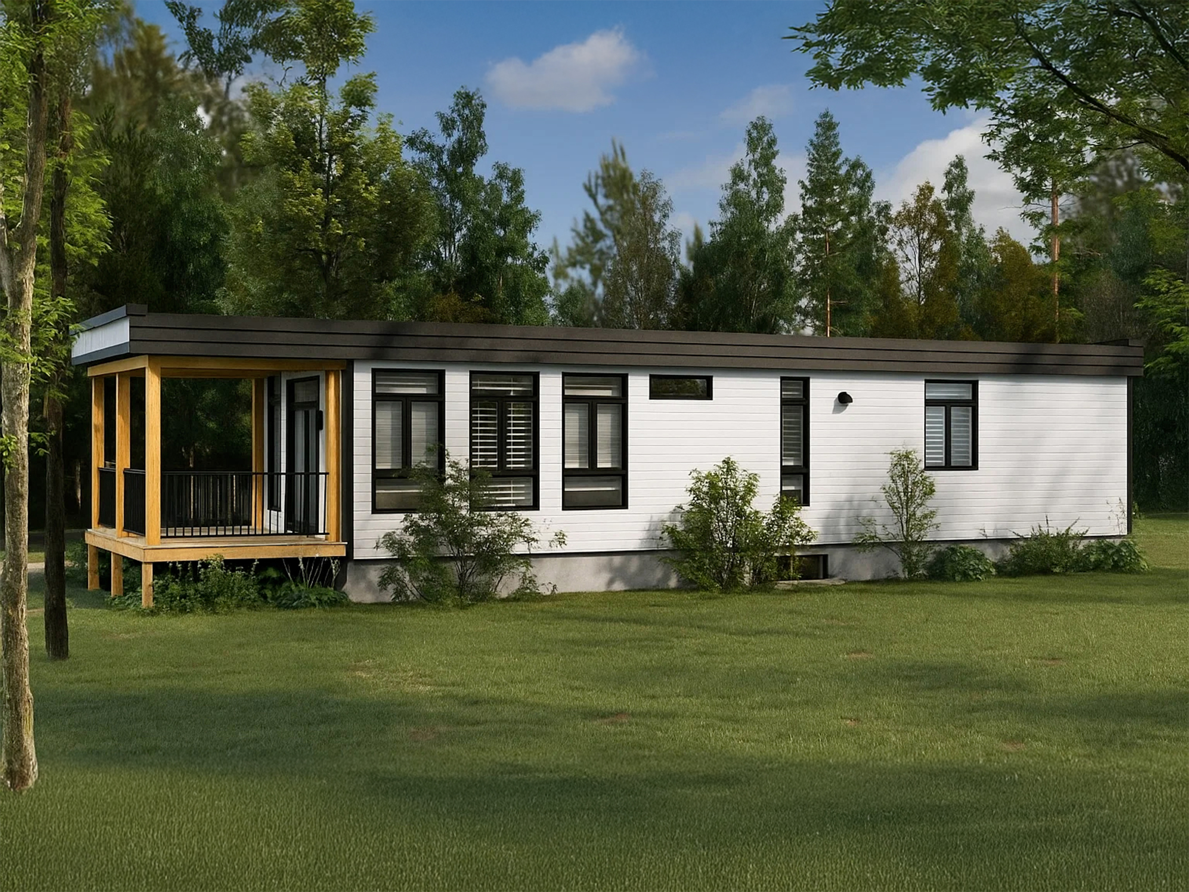 Le modèle Hevea est un plain-pied micro habitation de style contemporain. Vue de l'extérieur arrière.