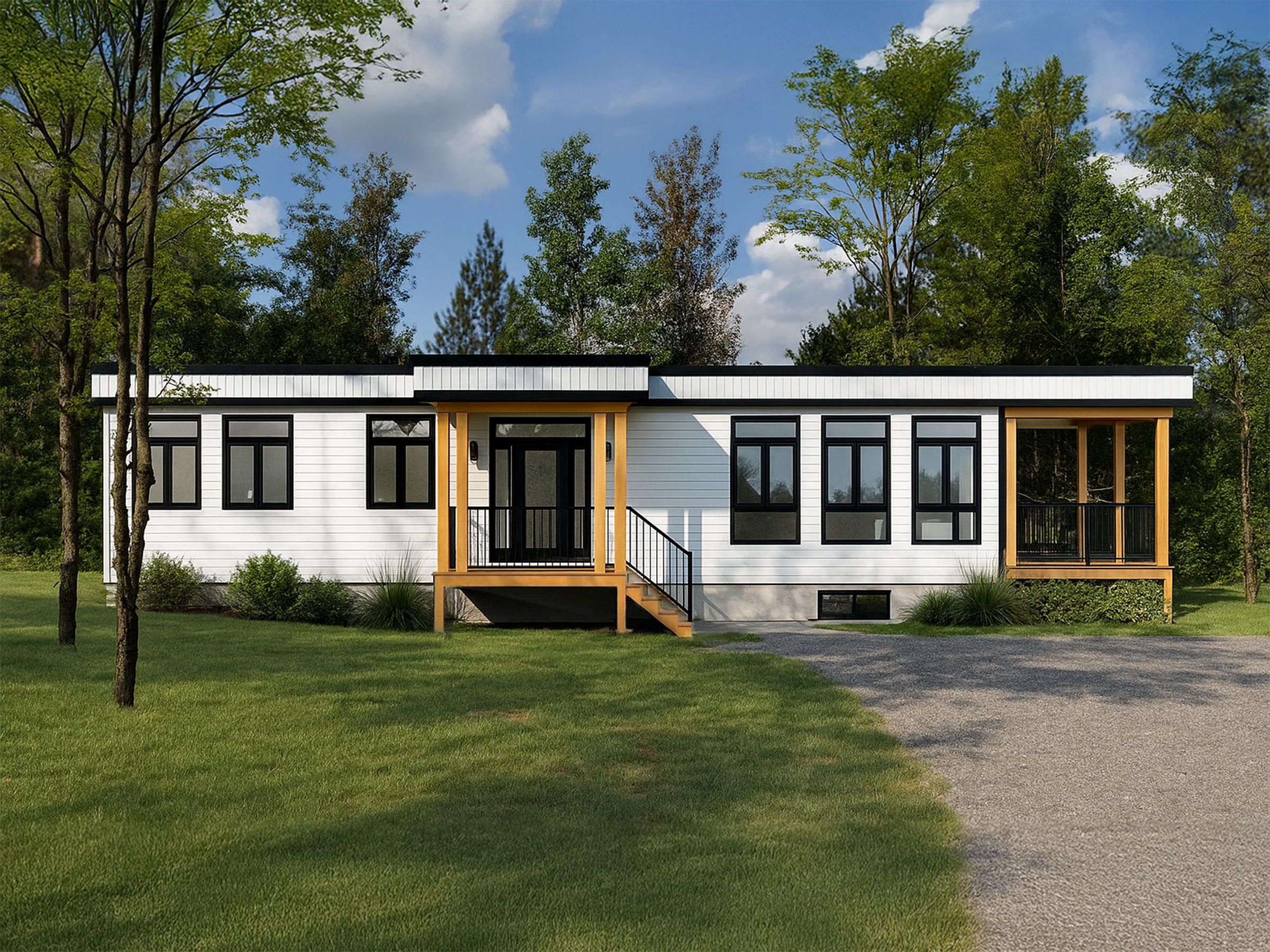 Le modèle Hevea est un plain-pied micro habitation de style contemporain. Vue de l'extérieur avant.