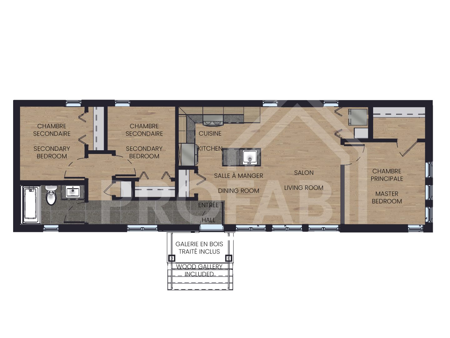 Le modèle Pyrus est un plain-pied micro habitation de style contemporain. Vue du plan 2D