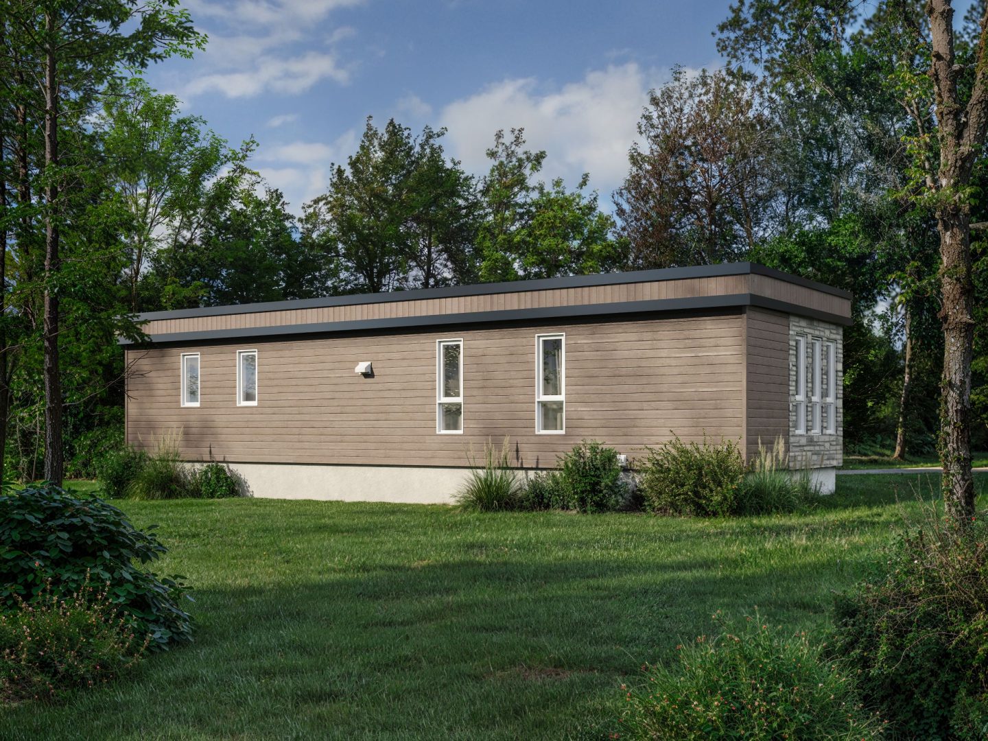 Le modèle Pyrus est un plain-pied micro habitation de style contemporain. Vue de l'arrière avant.