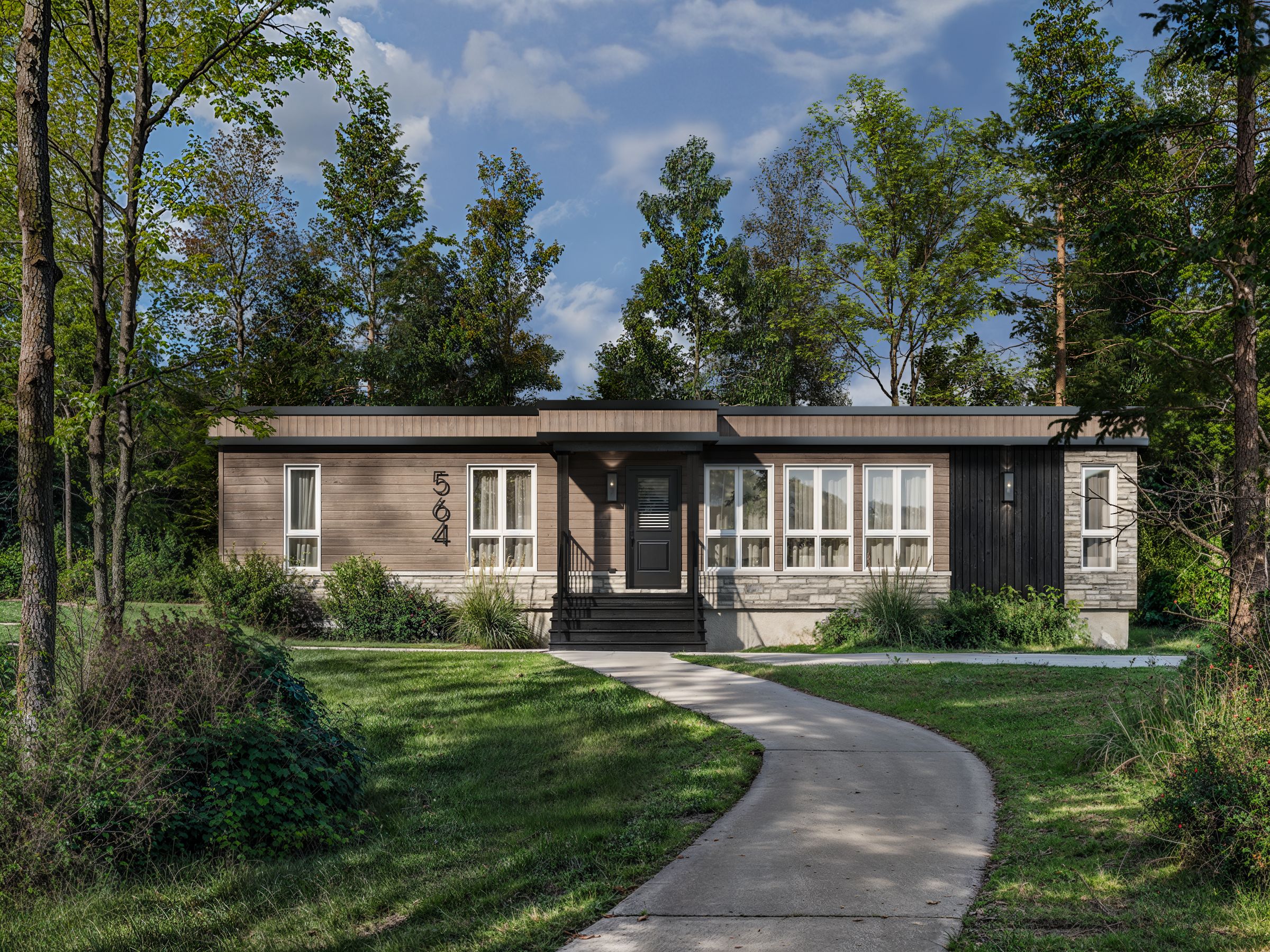 Le modèle Pyrus est un plain-pied micro habitation de style contemporain. Vue de l'extérieur avant.