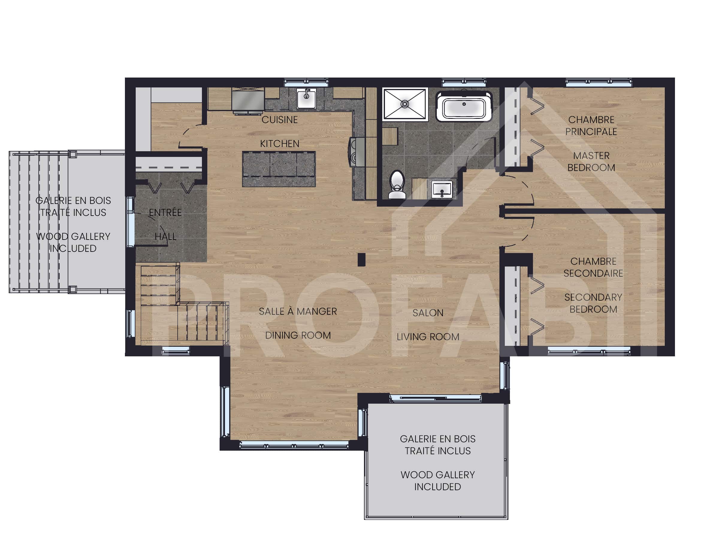 Le modèle Panorama 2.0 est un chalet de style moderne. Vue du plan 2D.
