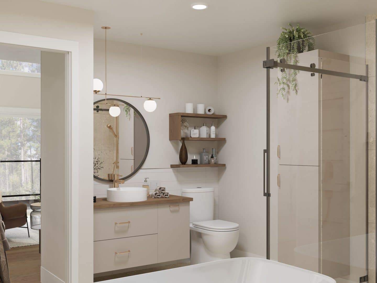 Le modèle Panorama 2.0 est un chalet de style moderne. Vue de la salle de bain.