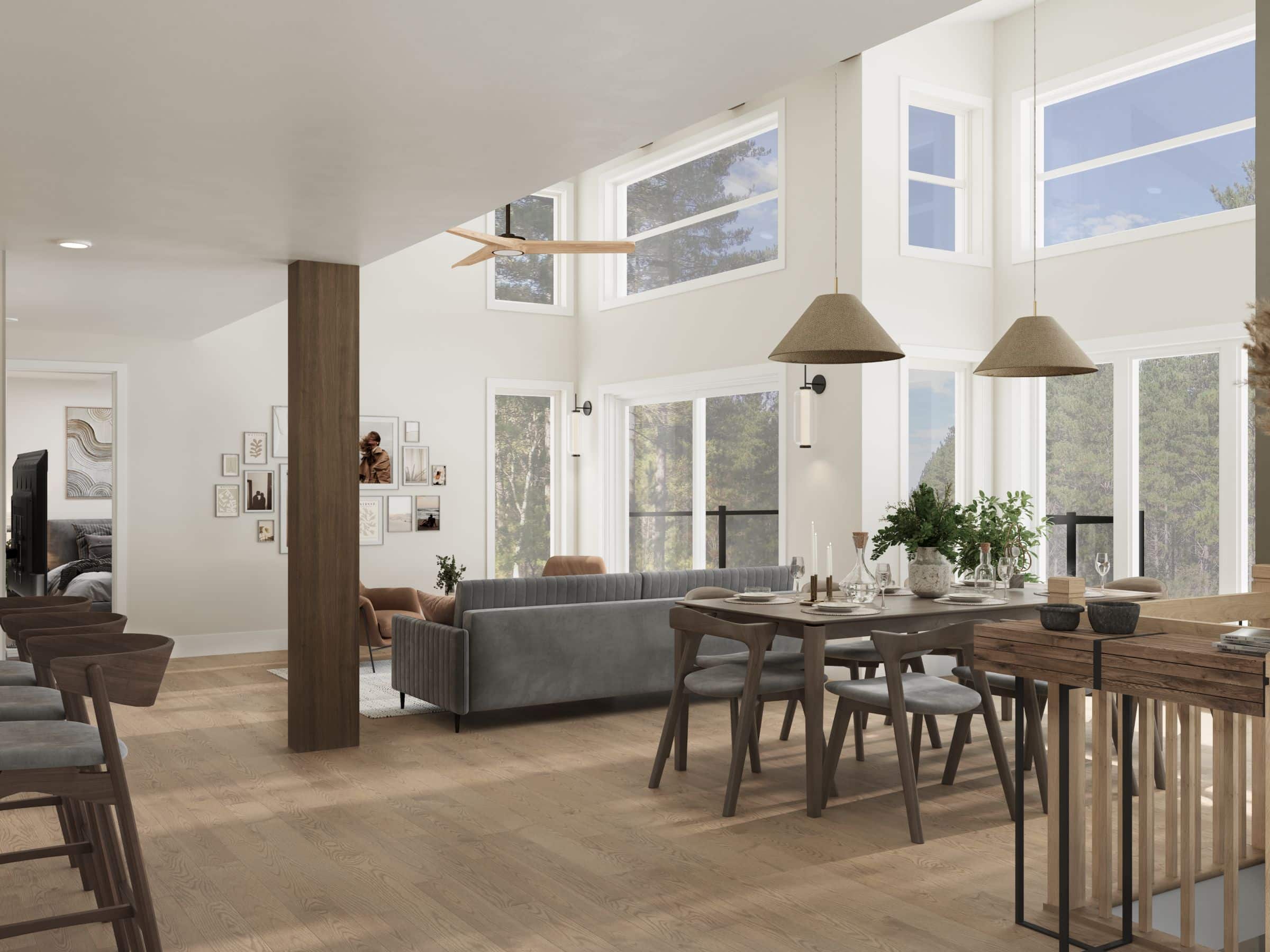 Le modèle Panorama 2.0 est un chalet de style moderne. Vue du salon.