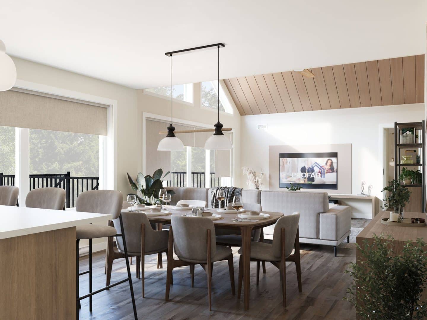 Le nouveau modèle Kallos est un plain-pied de style contemporain et farmhouse. Vue de la cuisine.