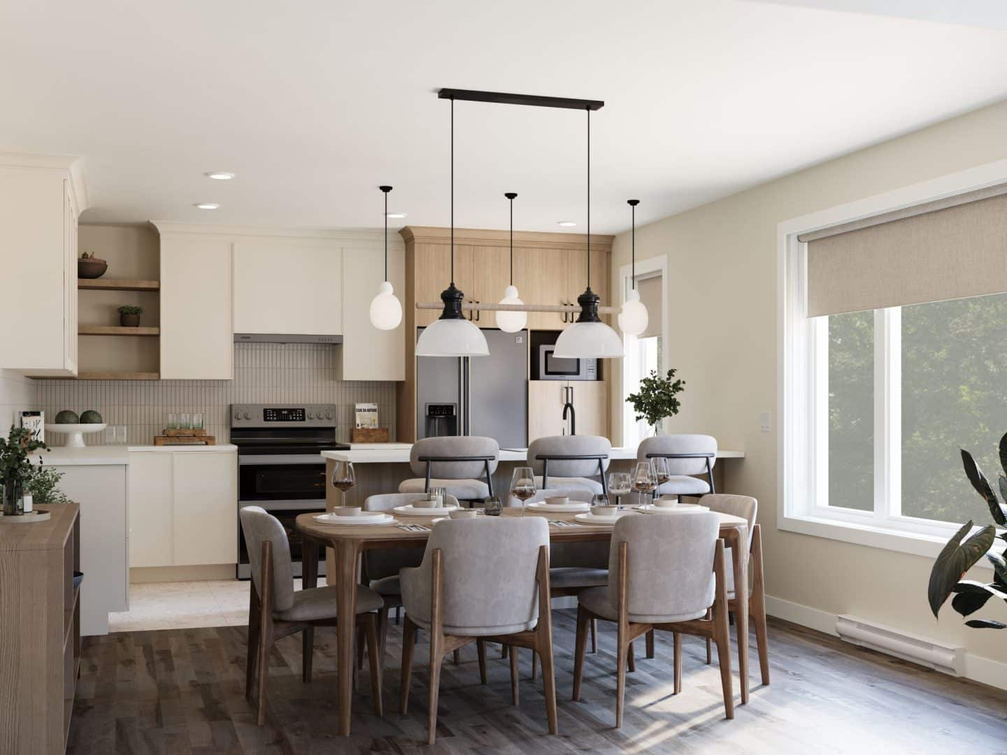 Le nouveau modèle Kallos est un plain-pied de style contemporain et farmhouse. Vue de la cuisine.