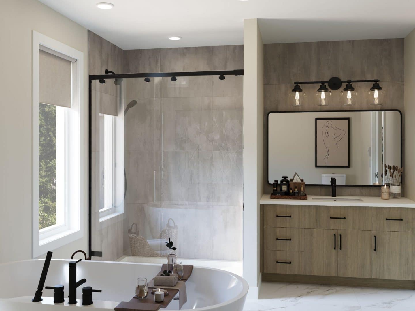 Le nouveau modèle Kallos est un plain-pied de style contemporain et farmhouse. Vue de la salle de bain.