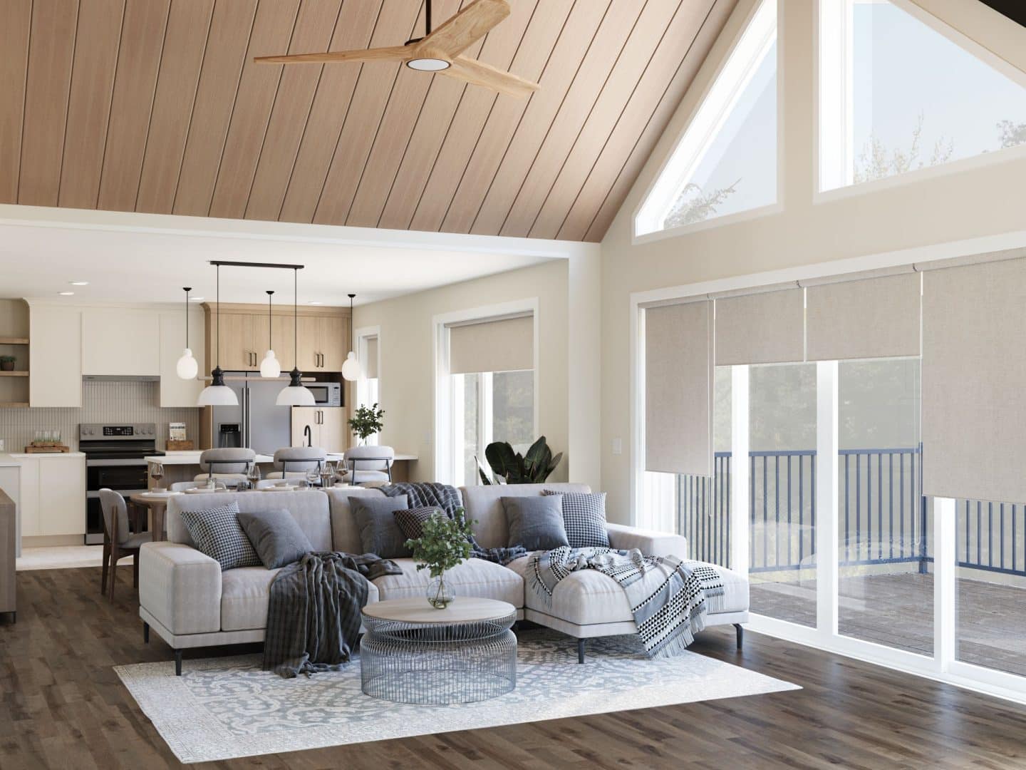 Le nouveau modèle Kallos est un plain-pied de style contemporain et farmhouse. Vue du séjour.