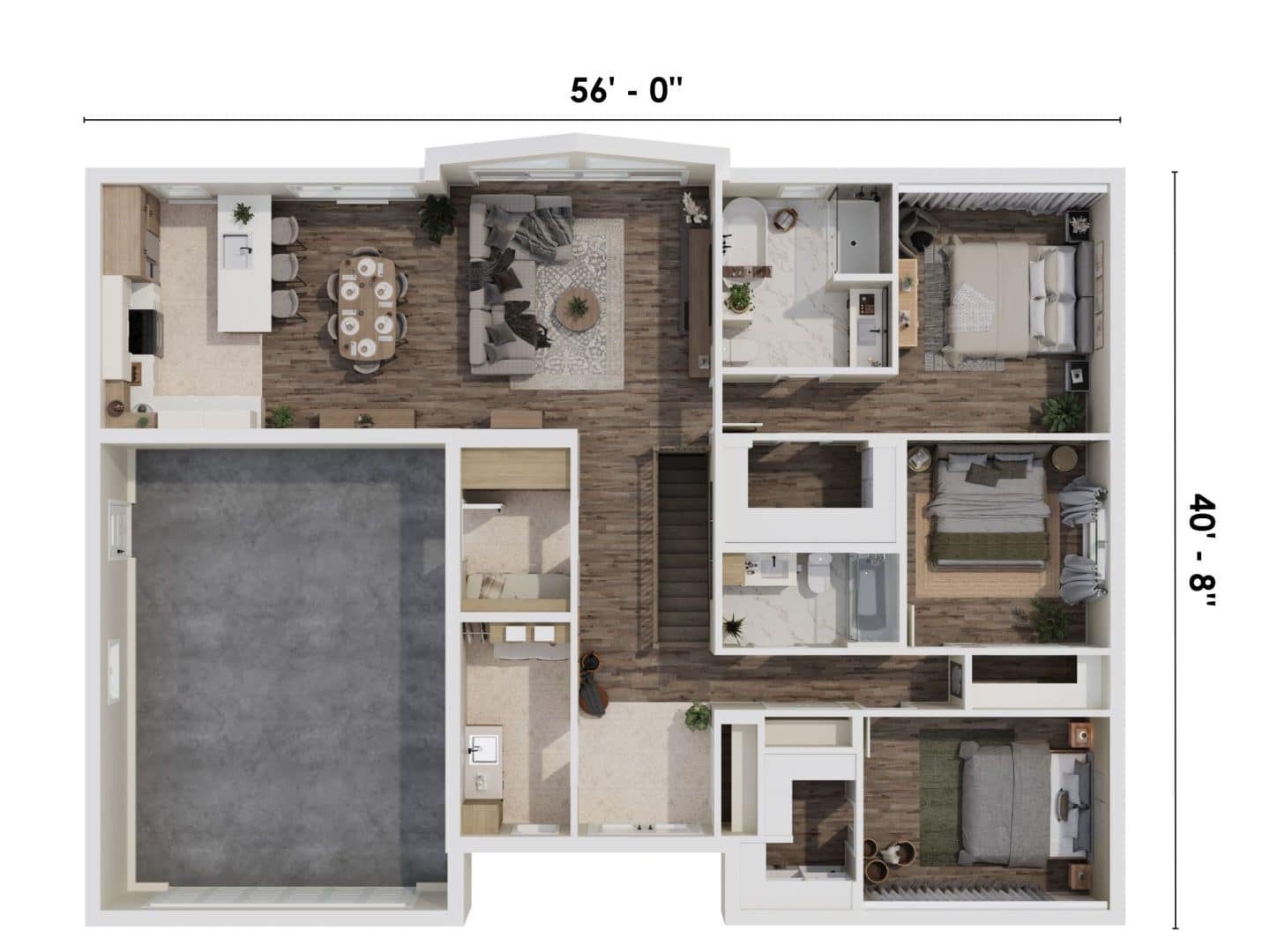 Le nouveau modèle Kallos est un plain-pied de style contemporain et farmhouse. Vue du plan 3D