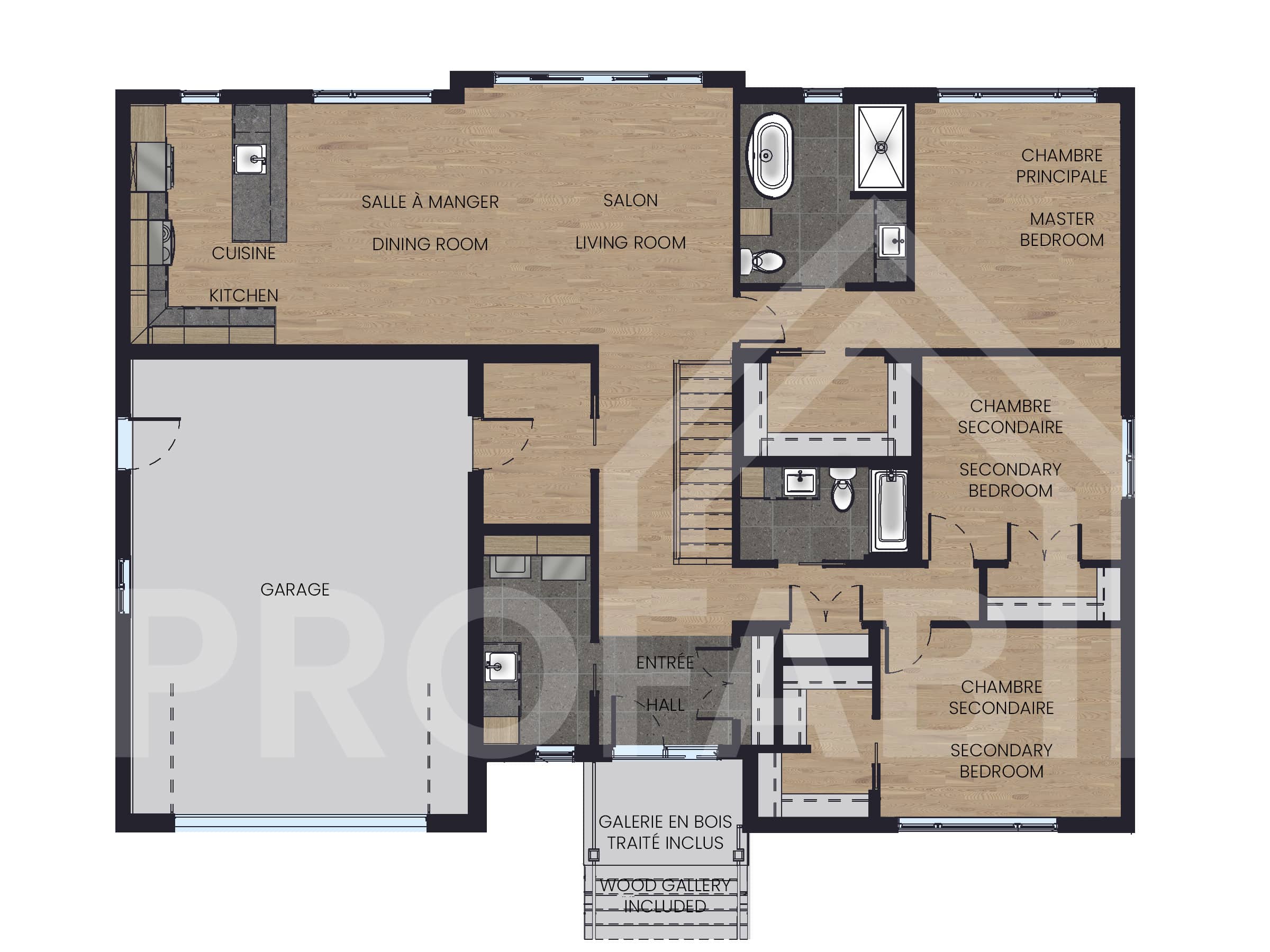 Le nouveau modèle Kallos est un plain-pied de style contemporain et farmhouse. Vue du plan 2d.