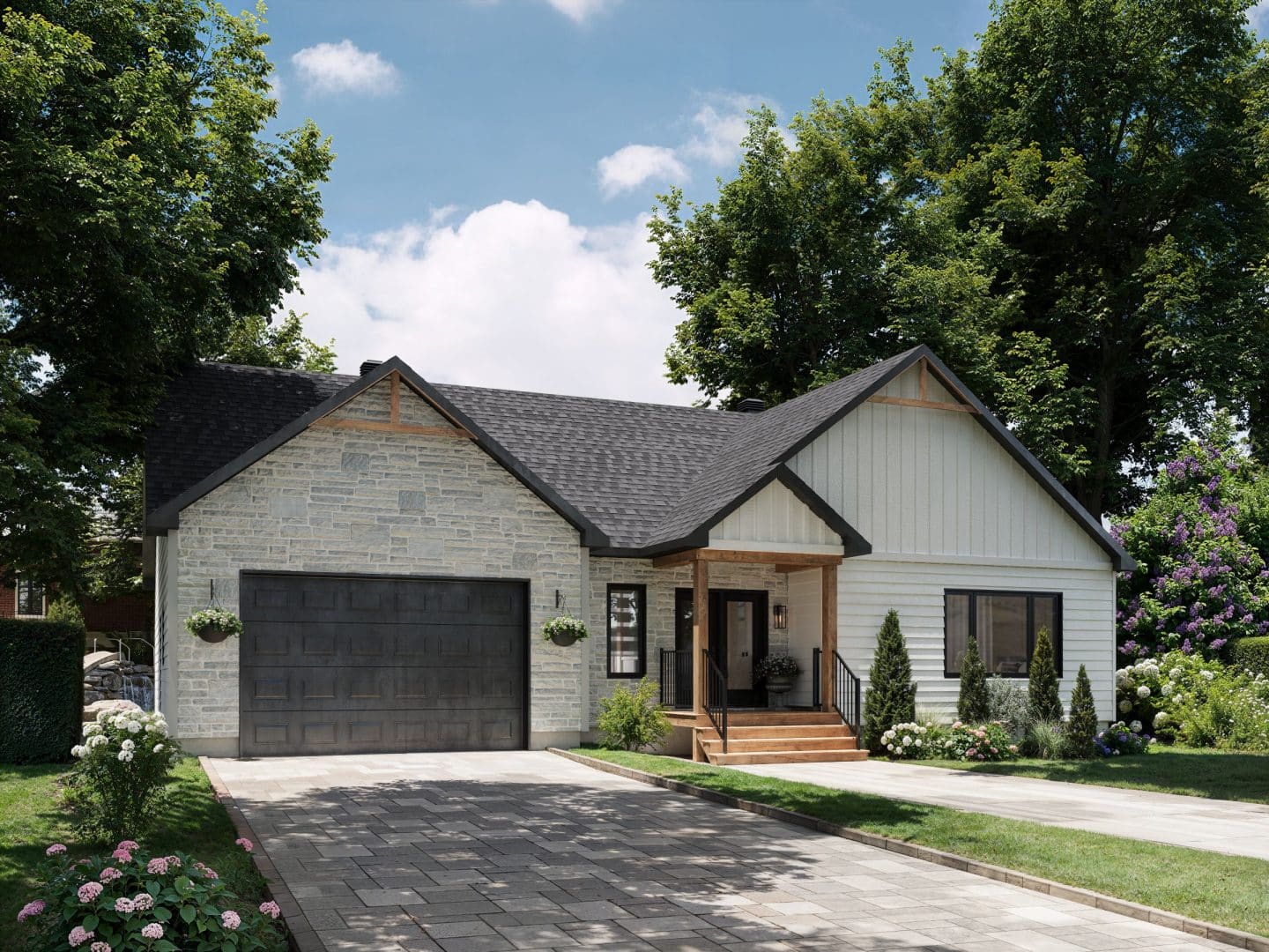 Le nouveau modèle Kallos est un plain-pied de style contemporain et farmhouse. Vue de l'extérieur.