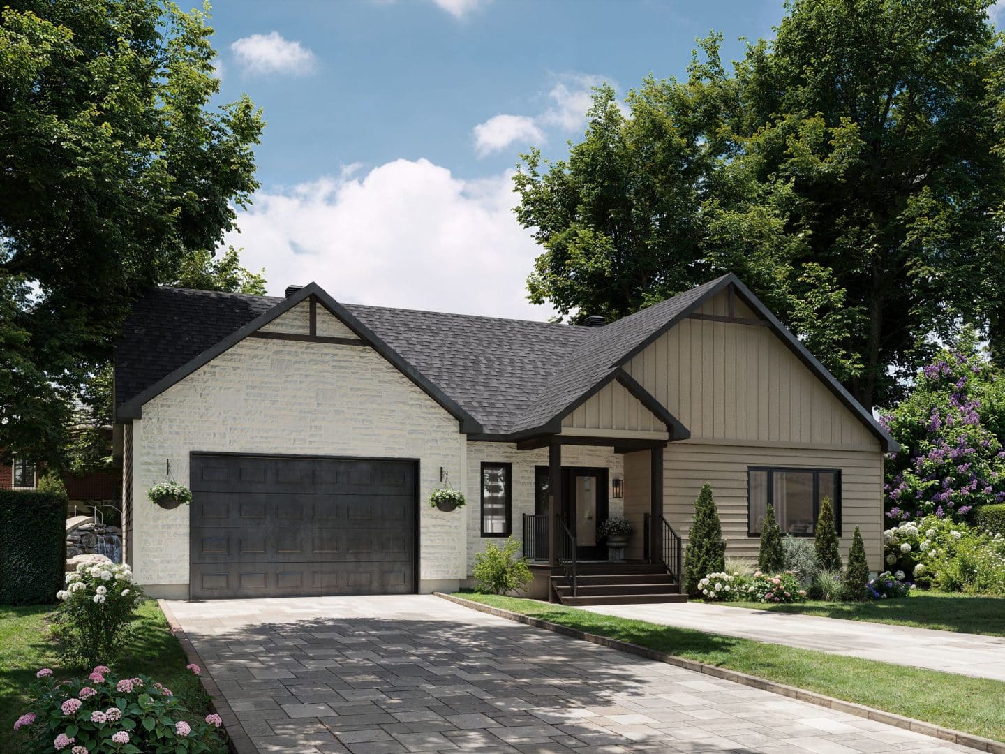 Le nouveau modèle Kallos est un plain-pied de style contemporain et farmhouse. Vue de l'extérieur.