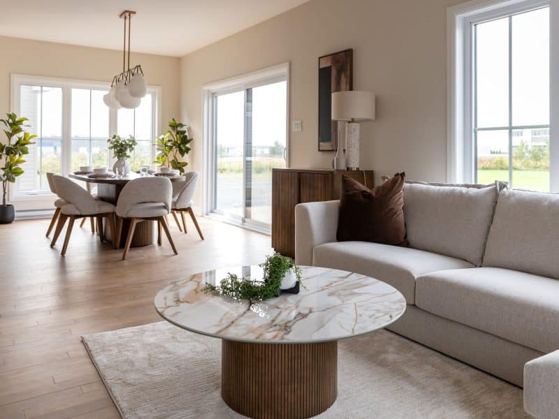Modèle Edena, une maison usinée à deux étages au style farmhouse moderne et spacieuse. Vu du séjour.