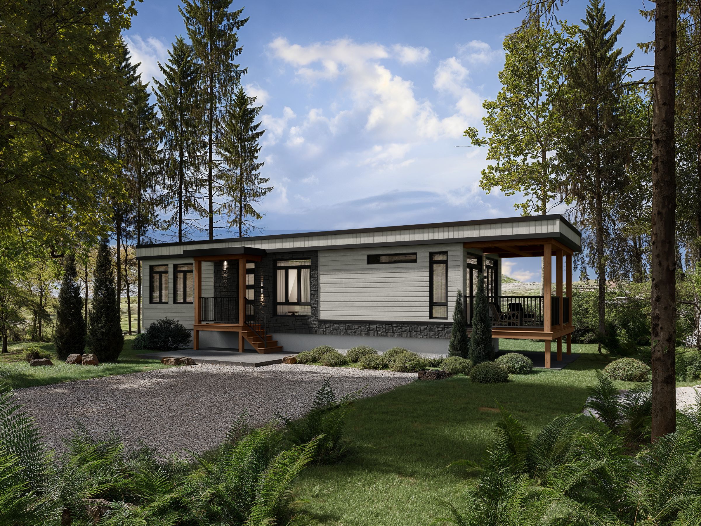 Le modèle Acacia est un plain-pied micro habitation de style contemporain. Vue de l'extérieur avant.