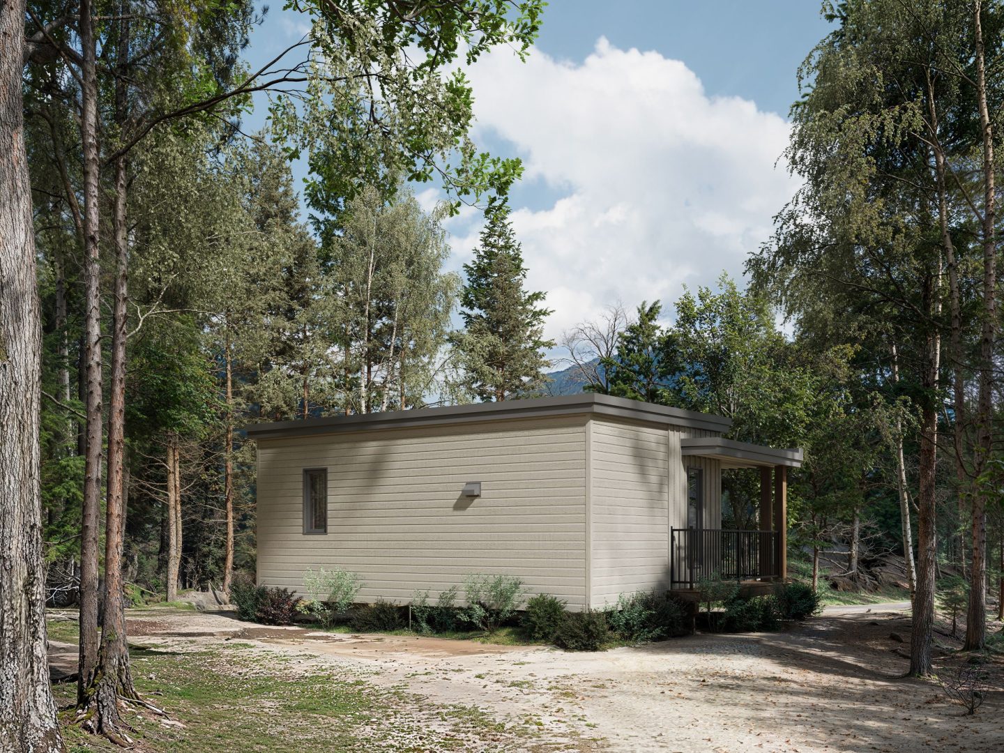 Le modèle Acero est un plain-pied micro habitation de style contemporain. Vue de l'extérieur arrière.