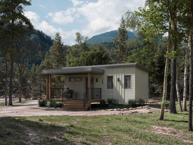 Le modèle Acero est un plain-pied micro habitation de style contemporain. Vue de l'extérieur avant.