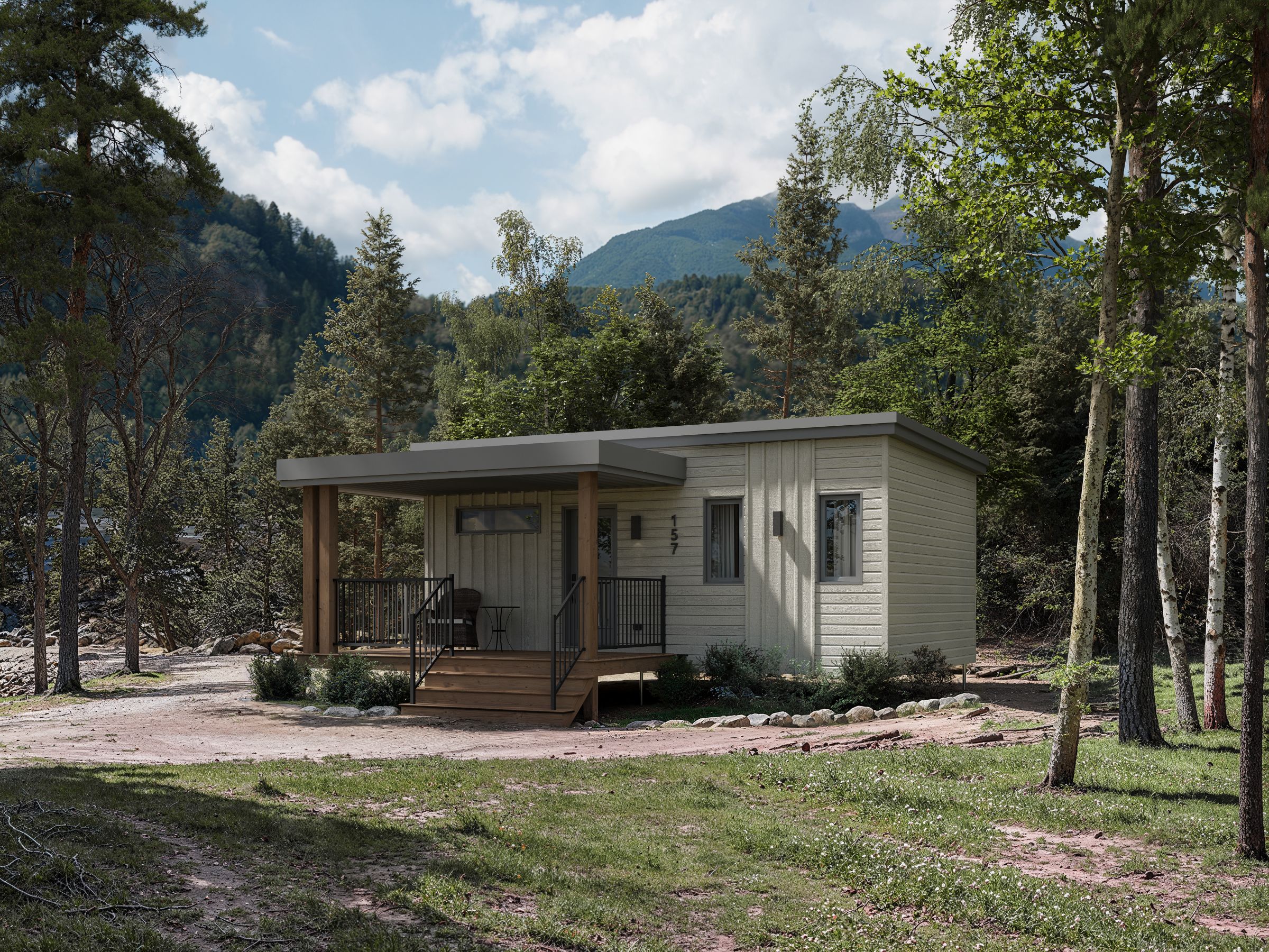 Le modèle Acero est un plain-pied micro habitation de style contemporain. Vue de l'extérieur avant.
