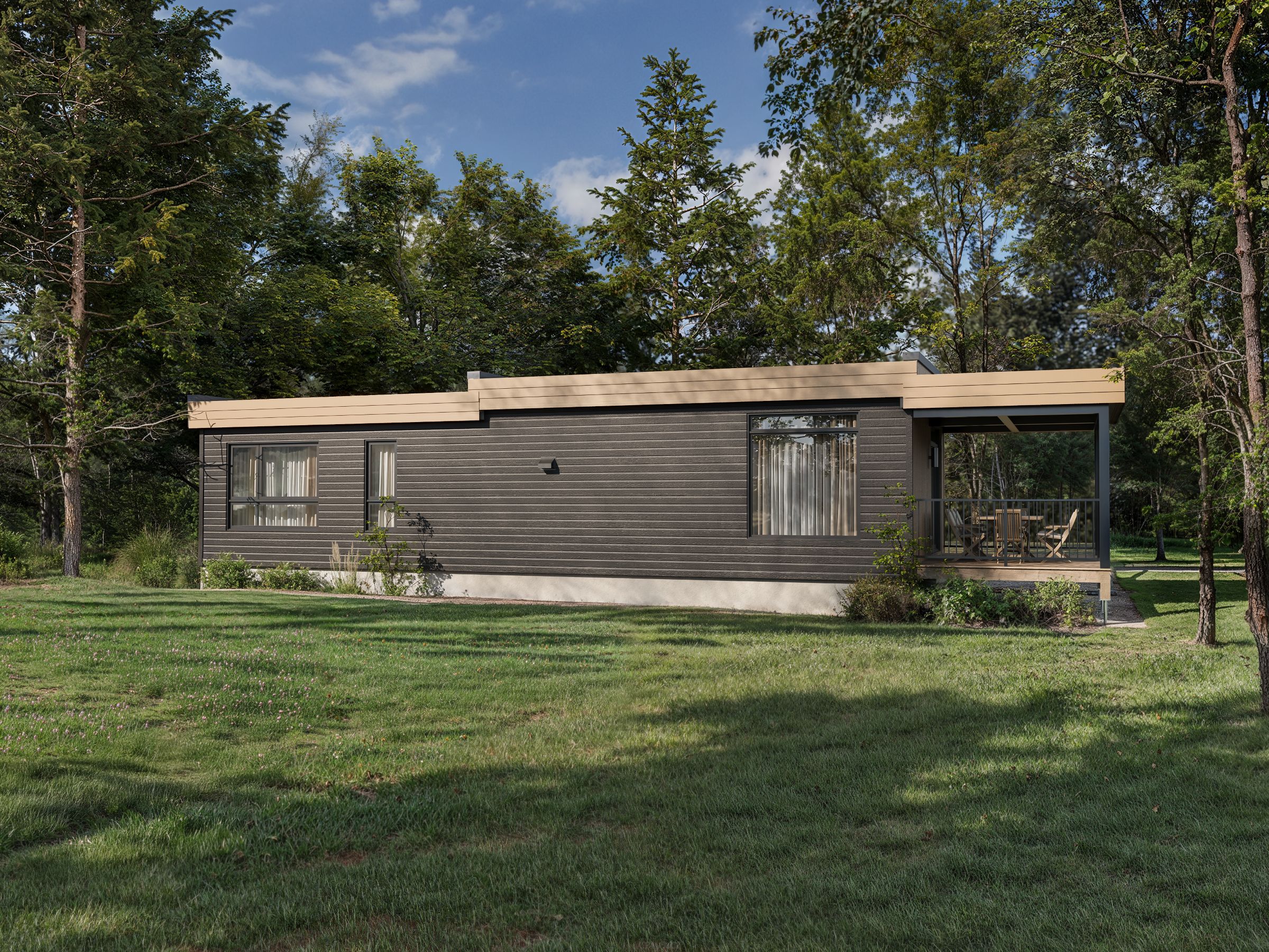 Le modèle Aulne est un plain-pied micro habitation de style contemporain. Vue de l'extérieur arrière.