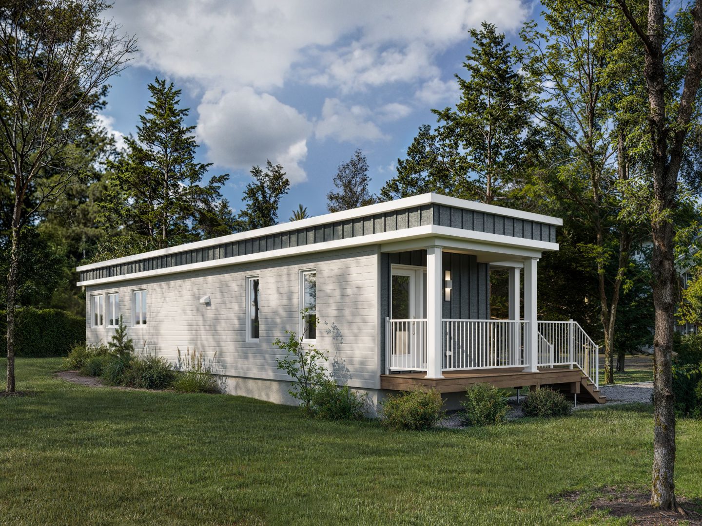 Le modèle Celtis est un plain-pied micro habitation de style contemporain. Vue de l'extérieur arriere.