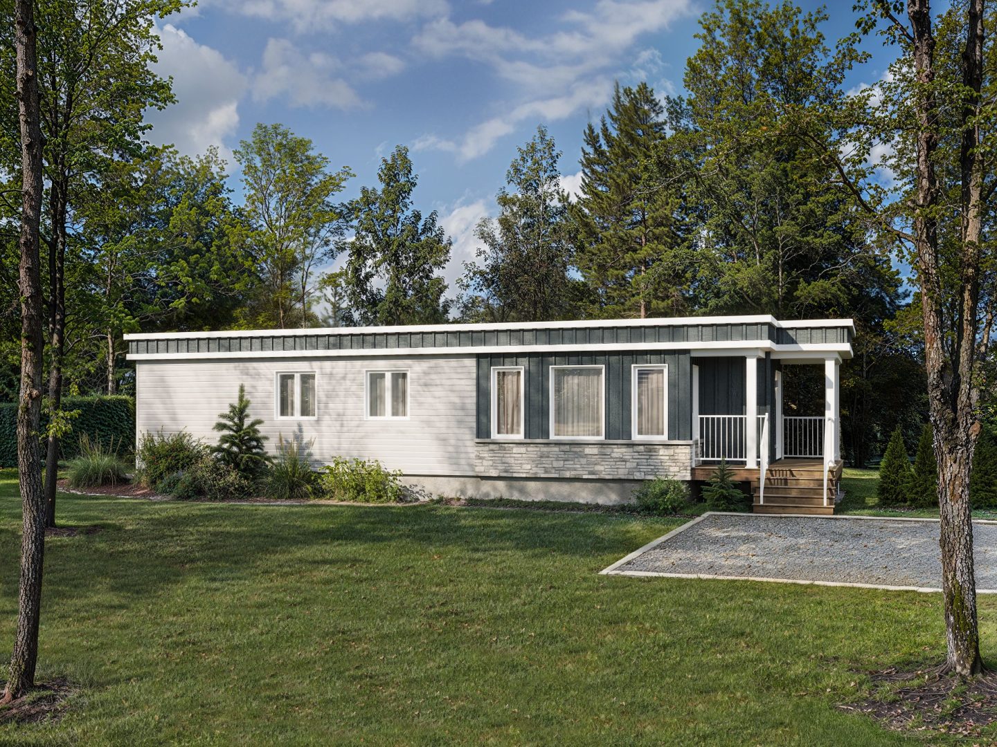 Le modèle Celtis est un plain-pied micro habitation de style contemporain. Vue de l'extérieur avant.