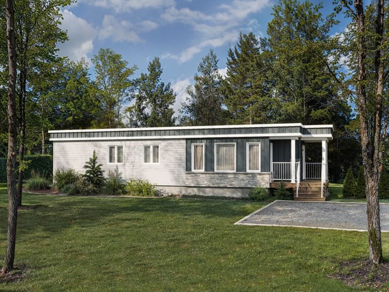 Le modèle Celtis est un plain-pied micro habitation de style contemporain. Vue de l'extérieur avant.