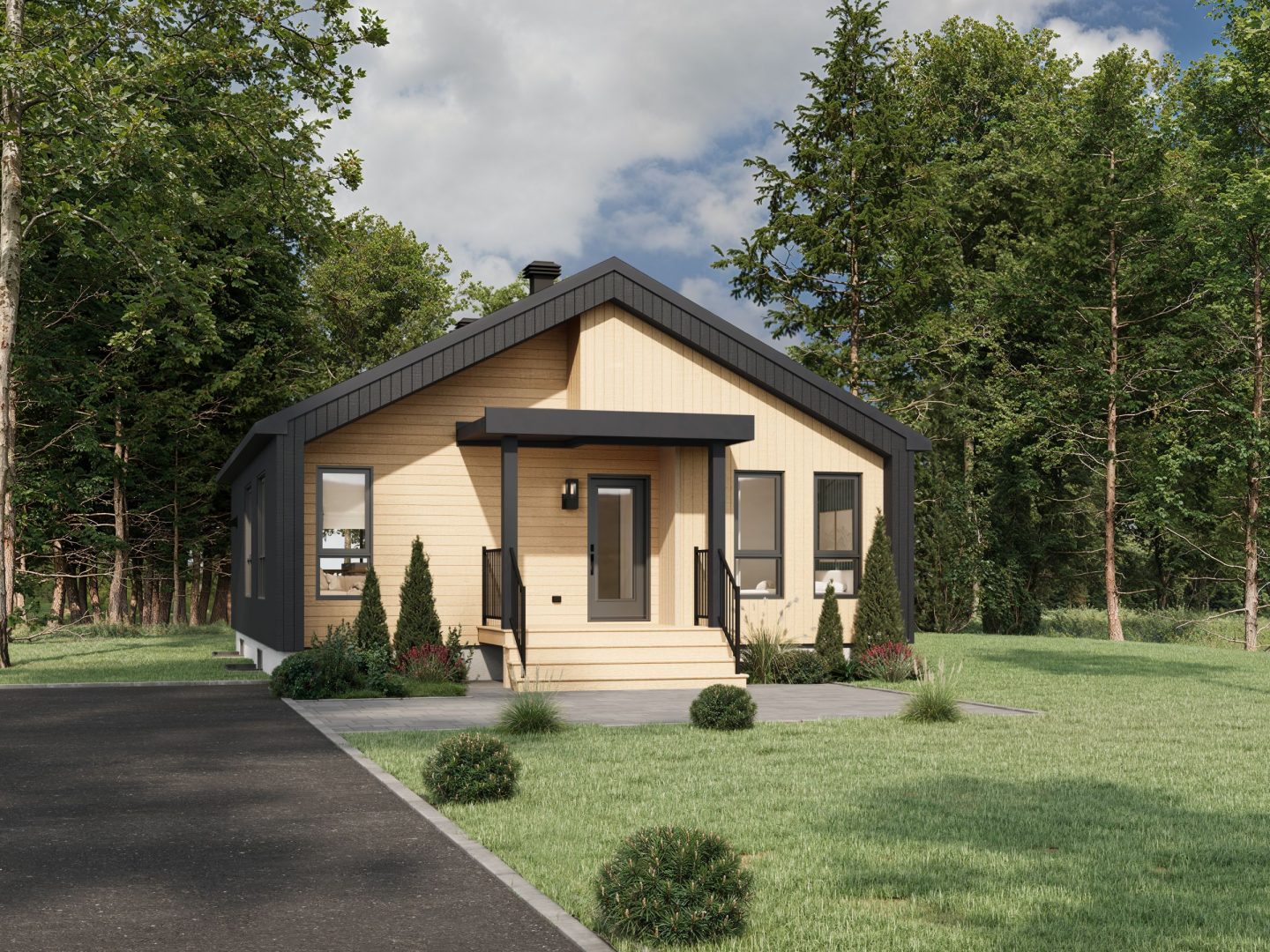 Le modèle Hamina est un plain-pied de style Scandinave. Vue de l'extérieur avant.