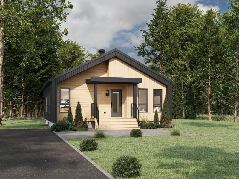 Le modèle Hamina est un plain-pied de style Scandinave. Vue de l'extérieur avant.