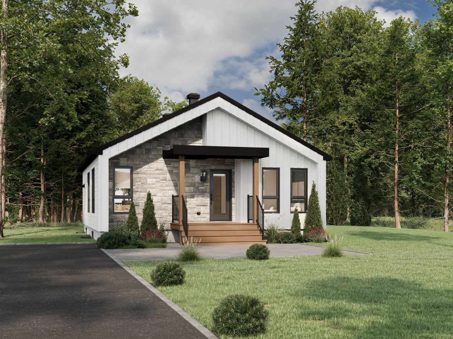 Le modèle Hamina est un plain-pied de style Scandinave. Vue de l'extérieur avant.