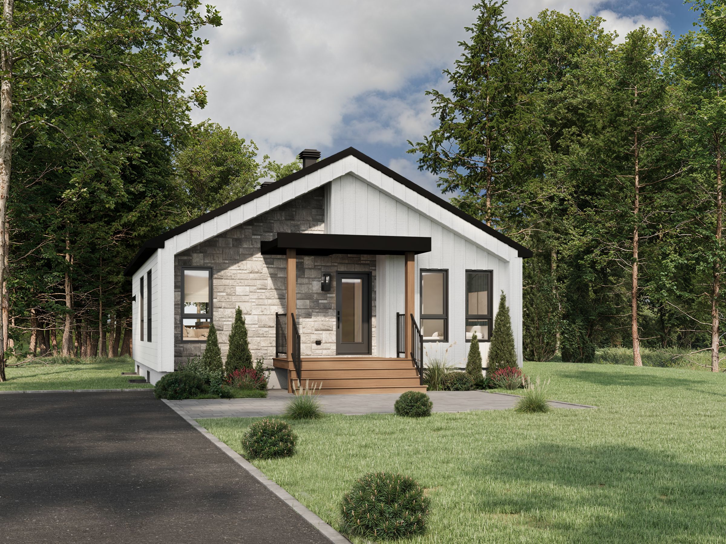 Le modèle Hamina est un plain-pied de style Scandinave. Vue de l'extérieur avant.