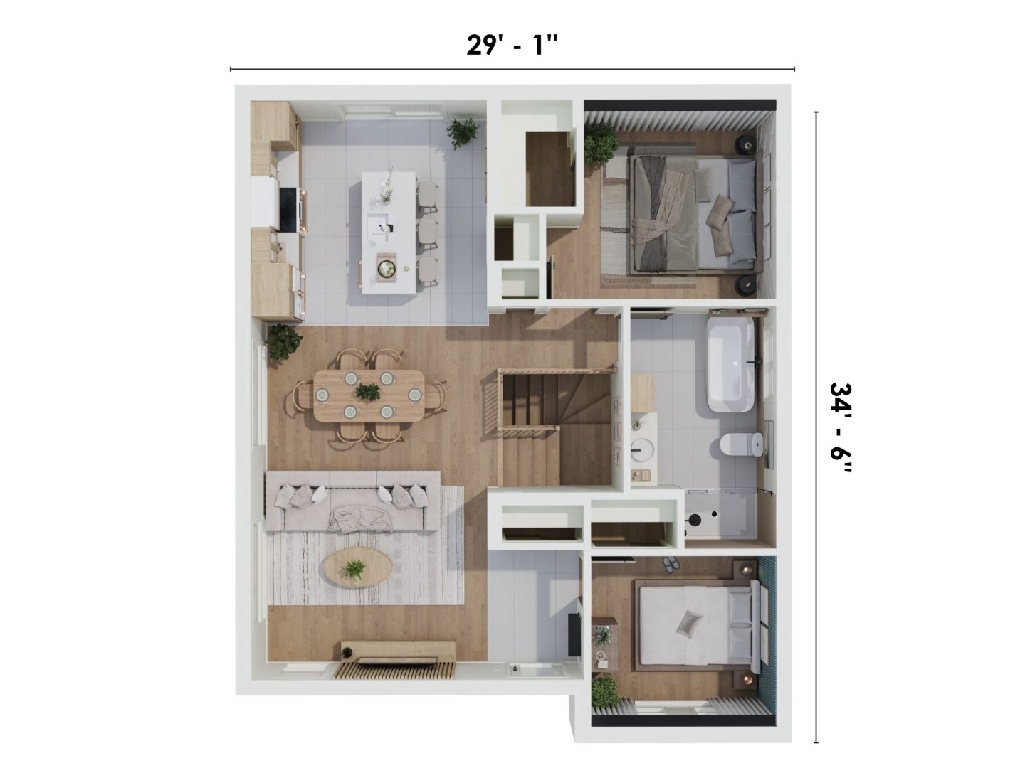 Le modèle Hamina est un plain-pied de style Scandinave. Vue du plan 3D.