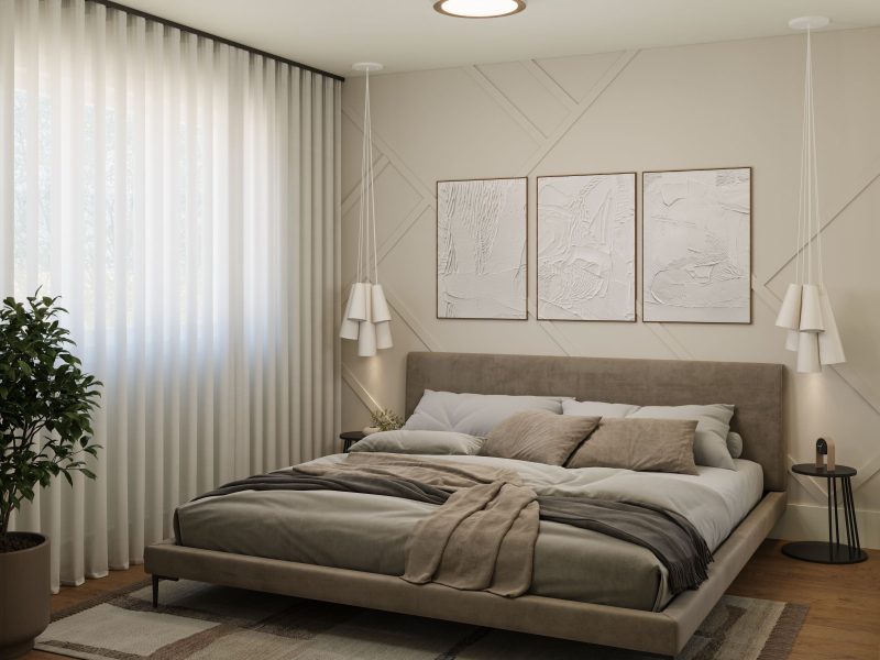 Le modèle Hamina est un plain-pied de style Scandinave. Vue de la chambre des maîtres.