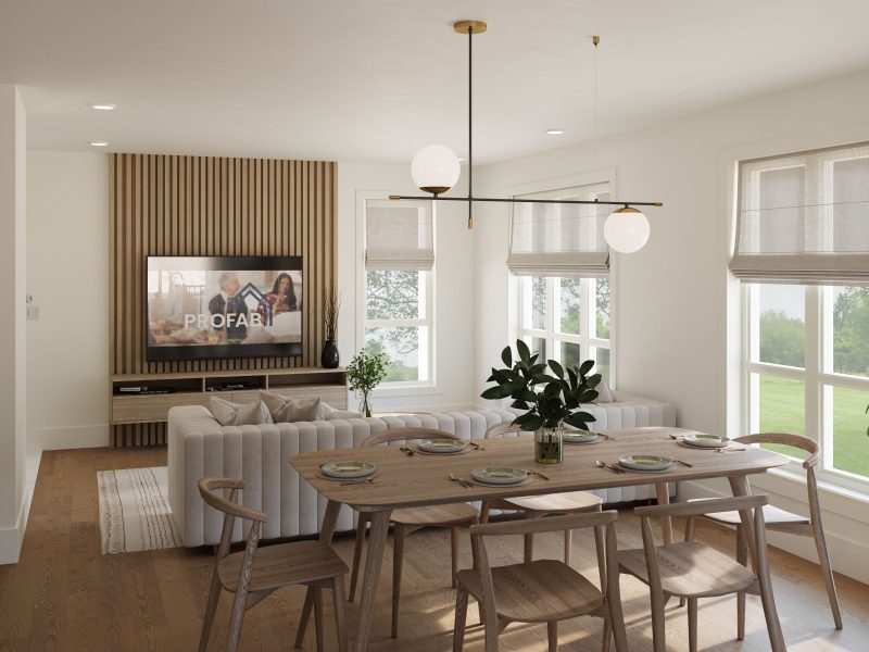 Le modèle Hamina est un plain-pied de style Scandinave. Vue du salon.