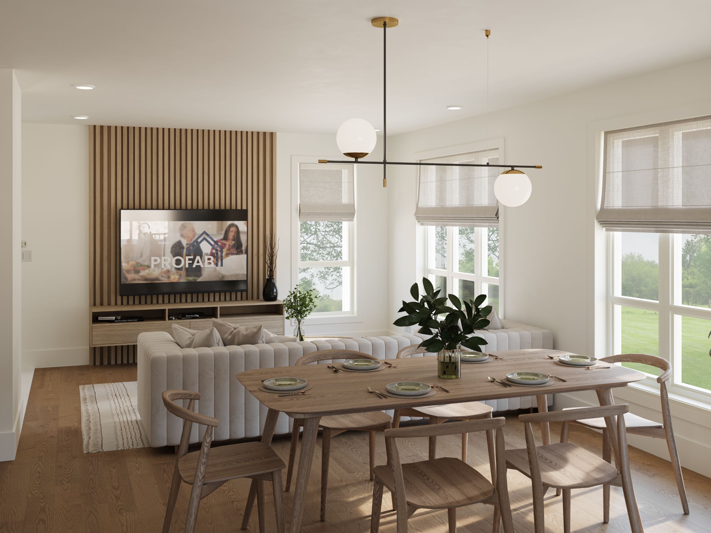 Le modèle Hamina est un plain-pied de style Scandinave. Vue du salon.