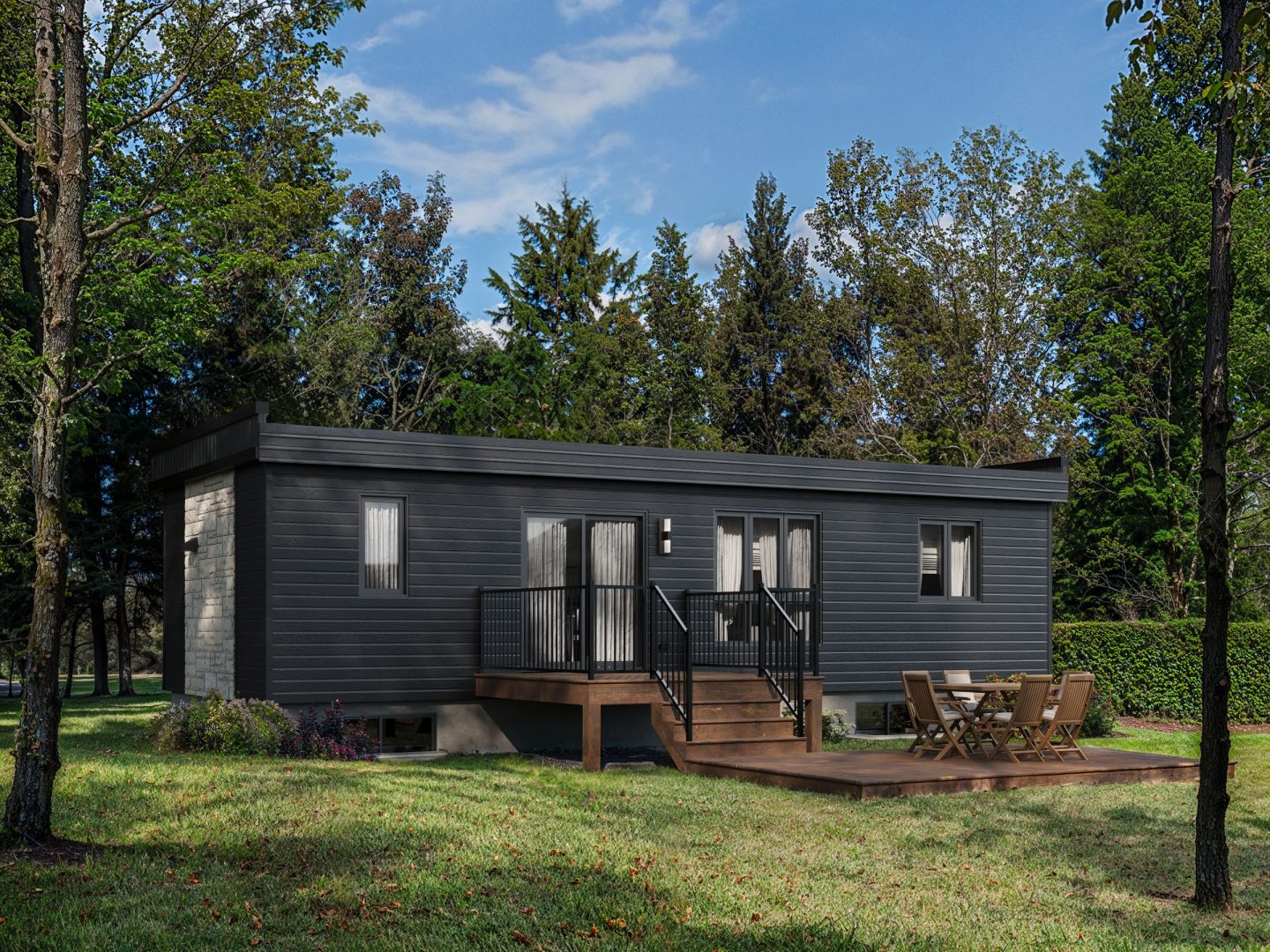 Le modèle Kaori est un plain-pied micro habitation de style contemporain. Vue de l'extérieur arriere.