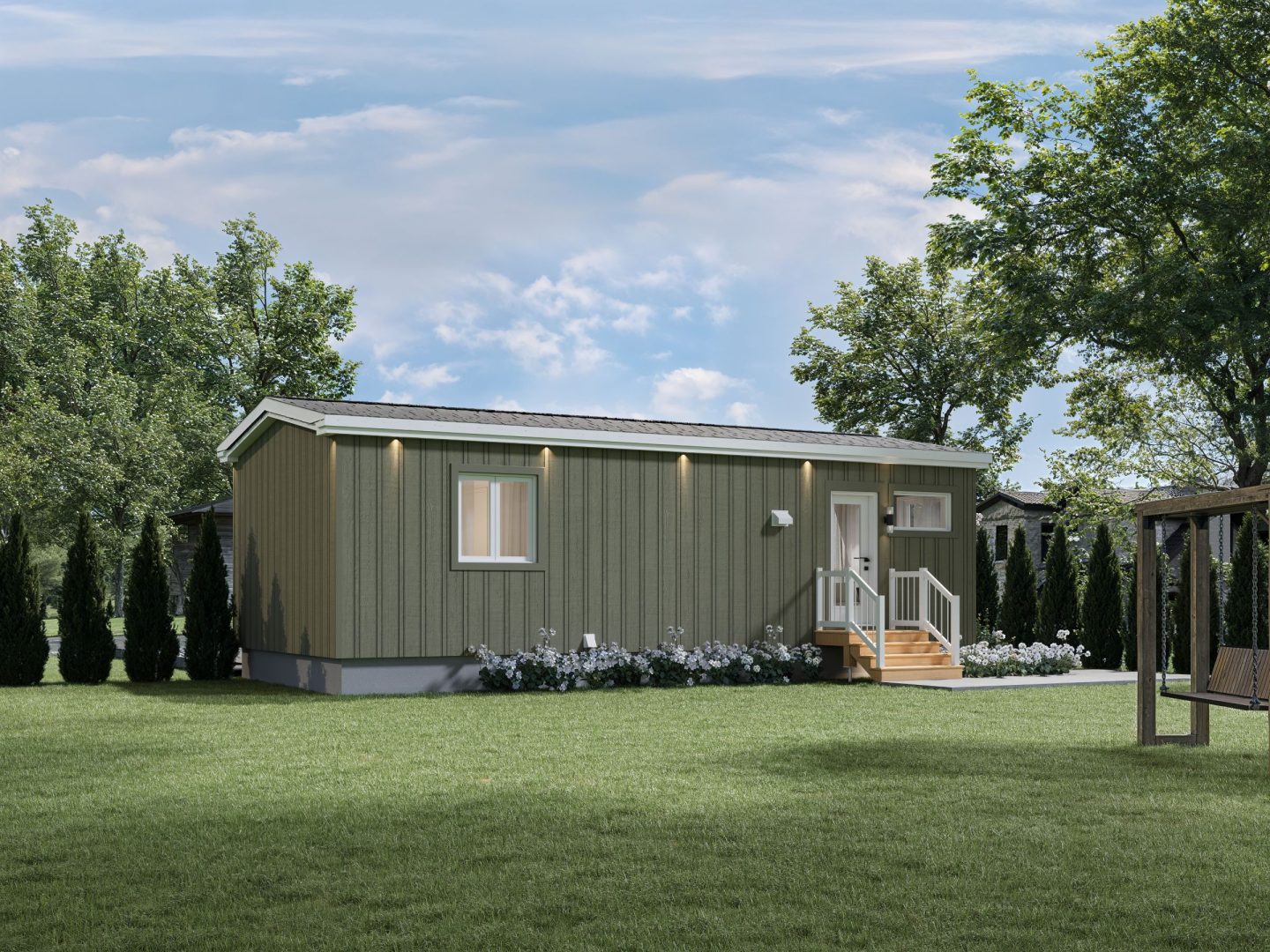 Le modèle Mandel est un plain-pied micro habitation de style contemporain. Vue de l'extérieur arrière.