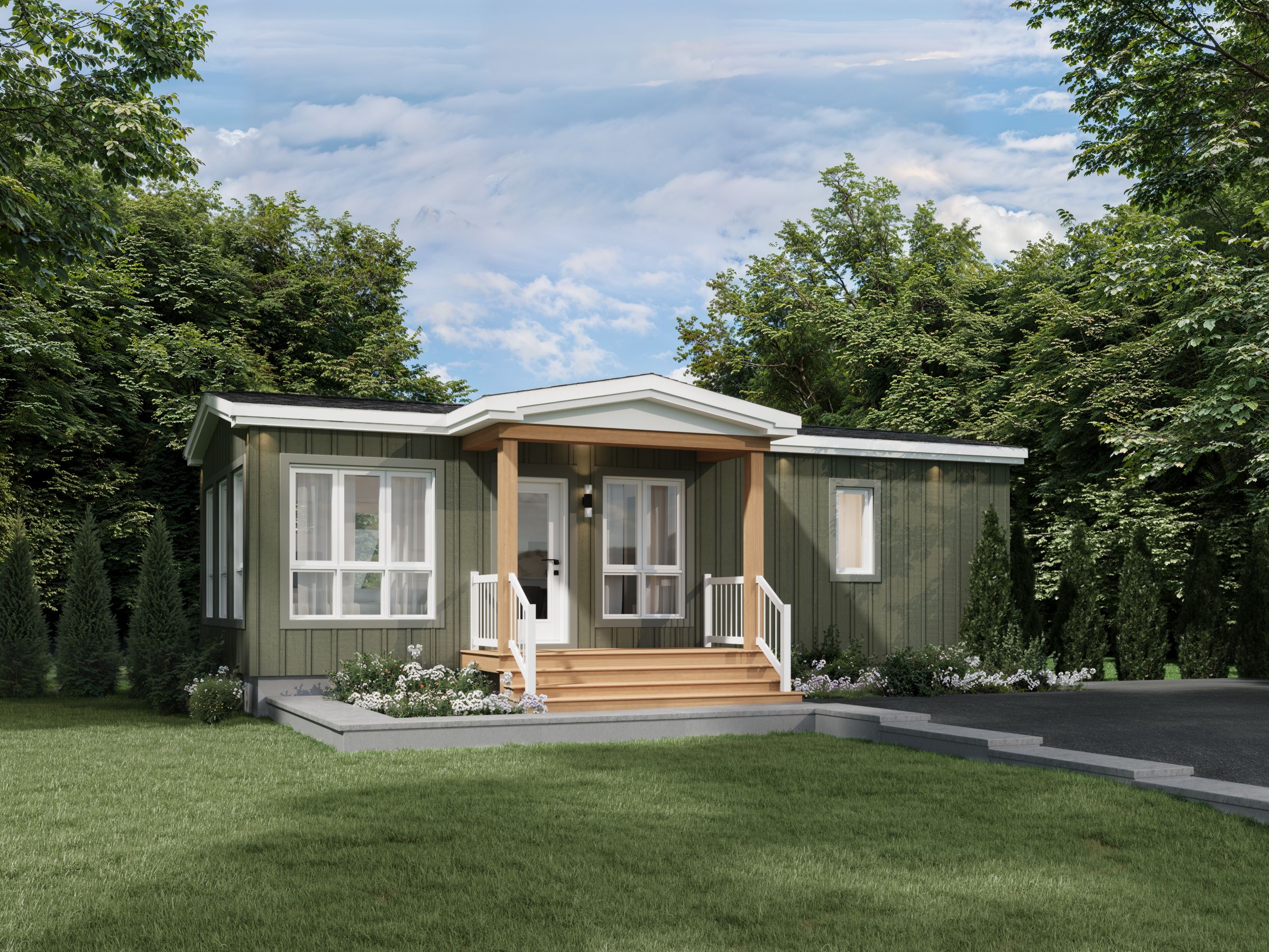 Le modèle Mandel est un plain-pied micro habitation de style contemporain. Vue de l'extérieur avant.