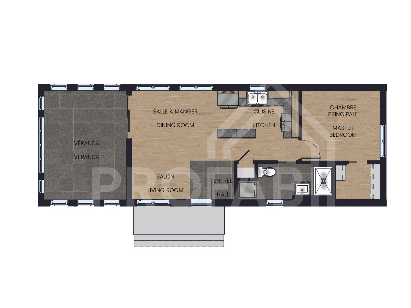 Le modèle Arriba est un plain-pied micro habitation de style contemporain. Vue du plan 2D.
