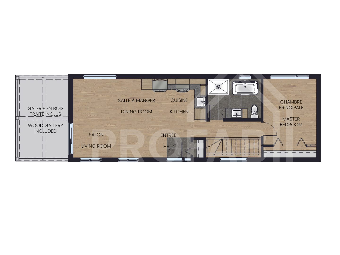 Le modèle Aulne est un plain-pied micro habitation de style contemporain. Vue du plan 2D.