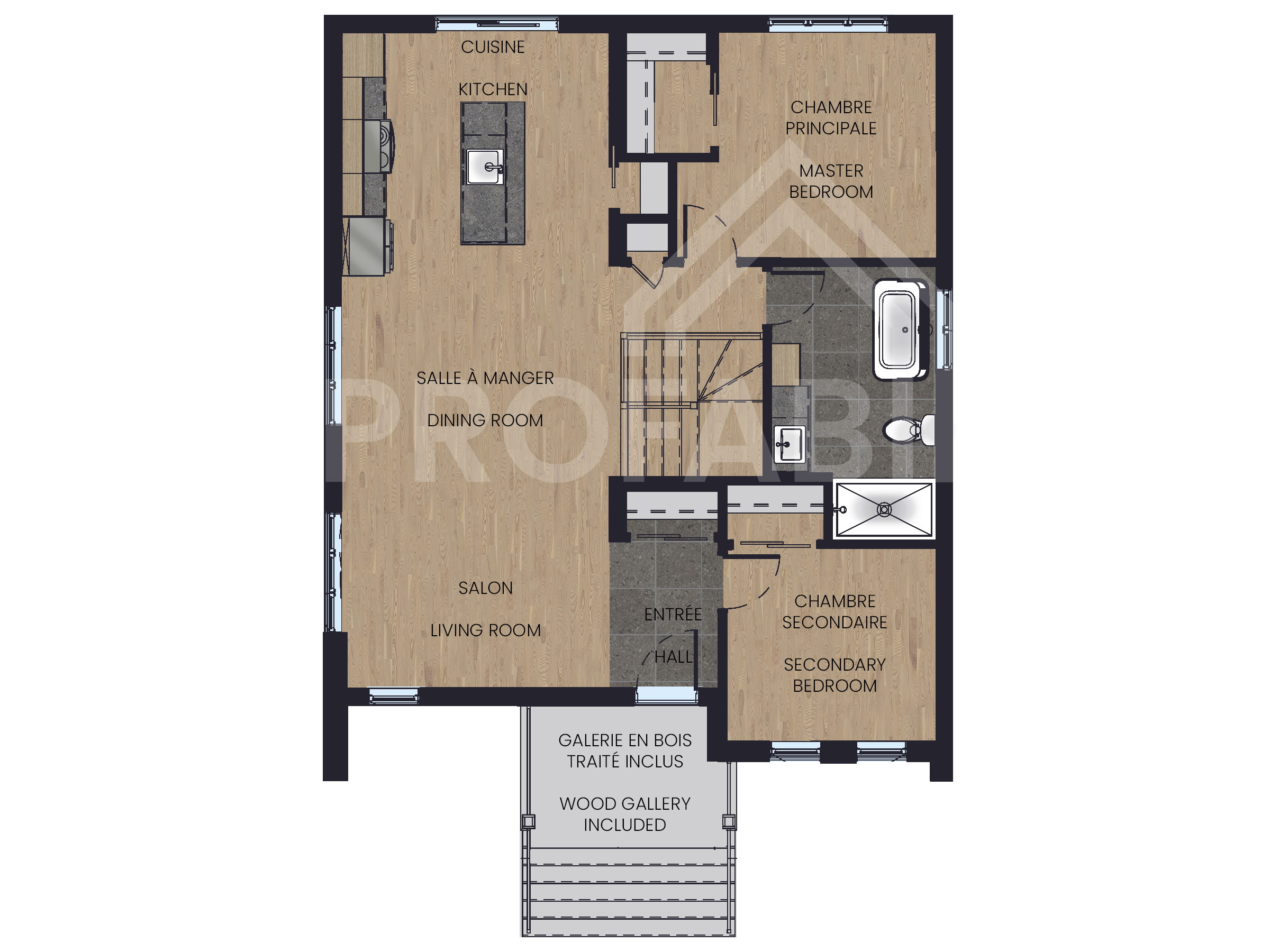 Le modèle Hamina est un plain-pied de style Scandinave. Vue du plan 2D.