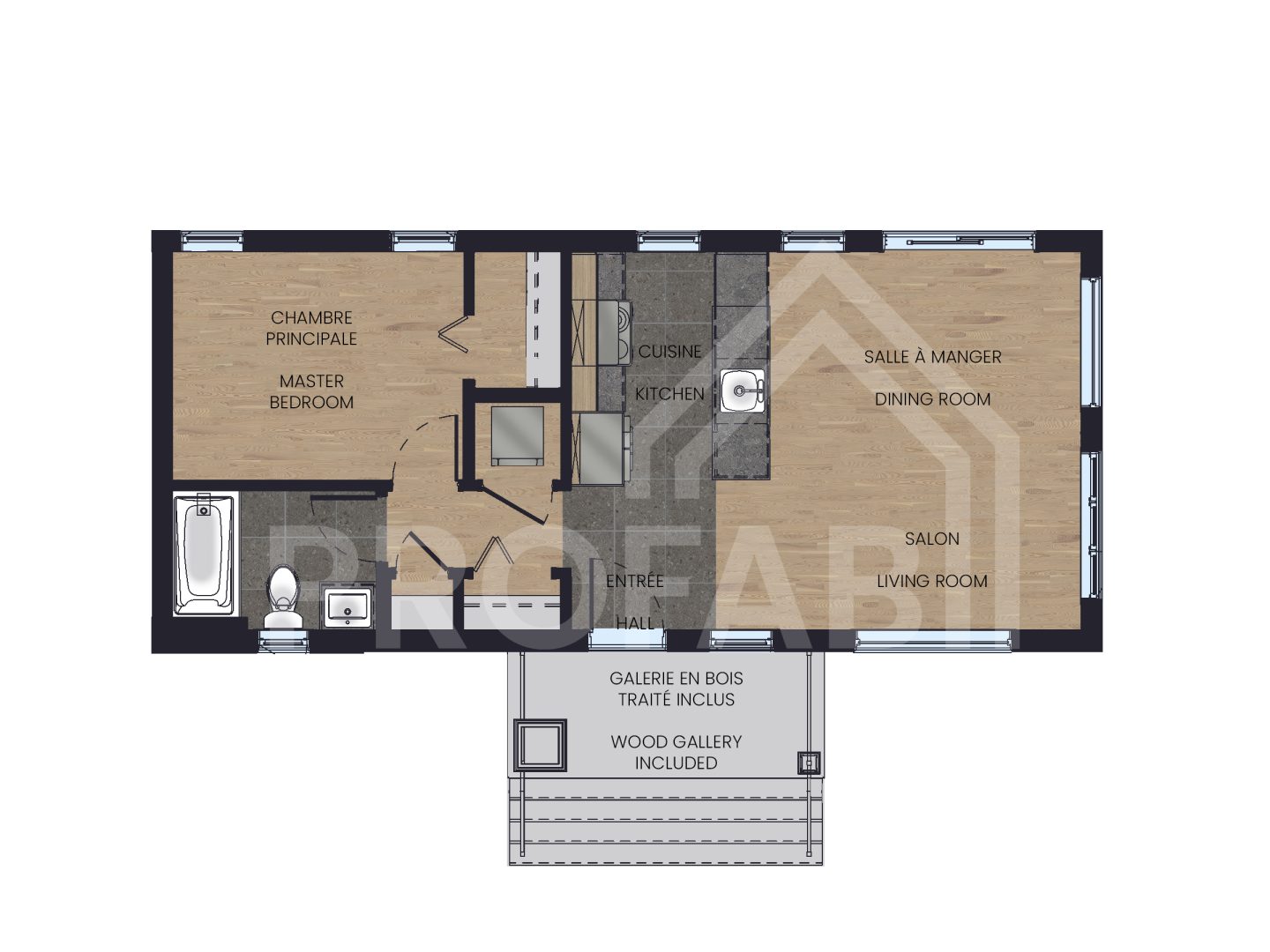 Le modèle Hassel est un plain-pied micro habitation de style contemporain. Vue du plan 2D.