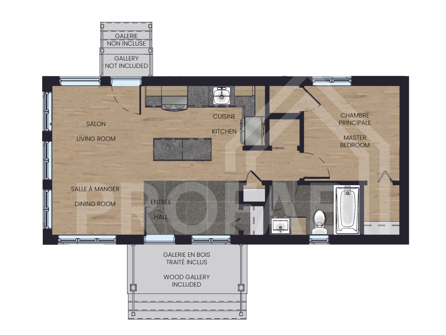 Le modèle Mandel est un plain-pied micro habitation de style contemporain. Vue du plan 2D.