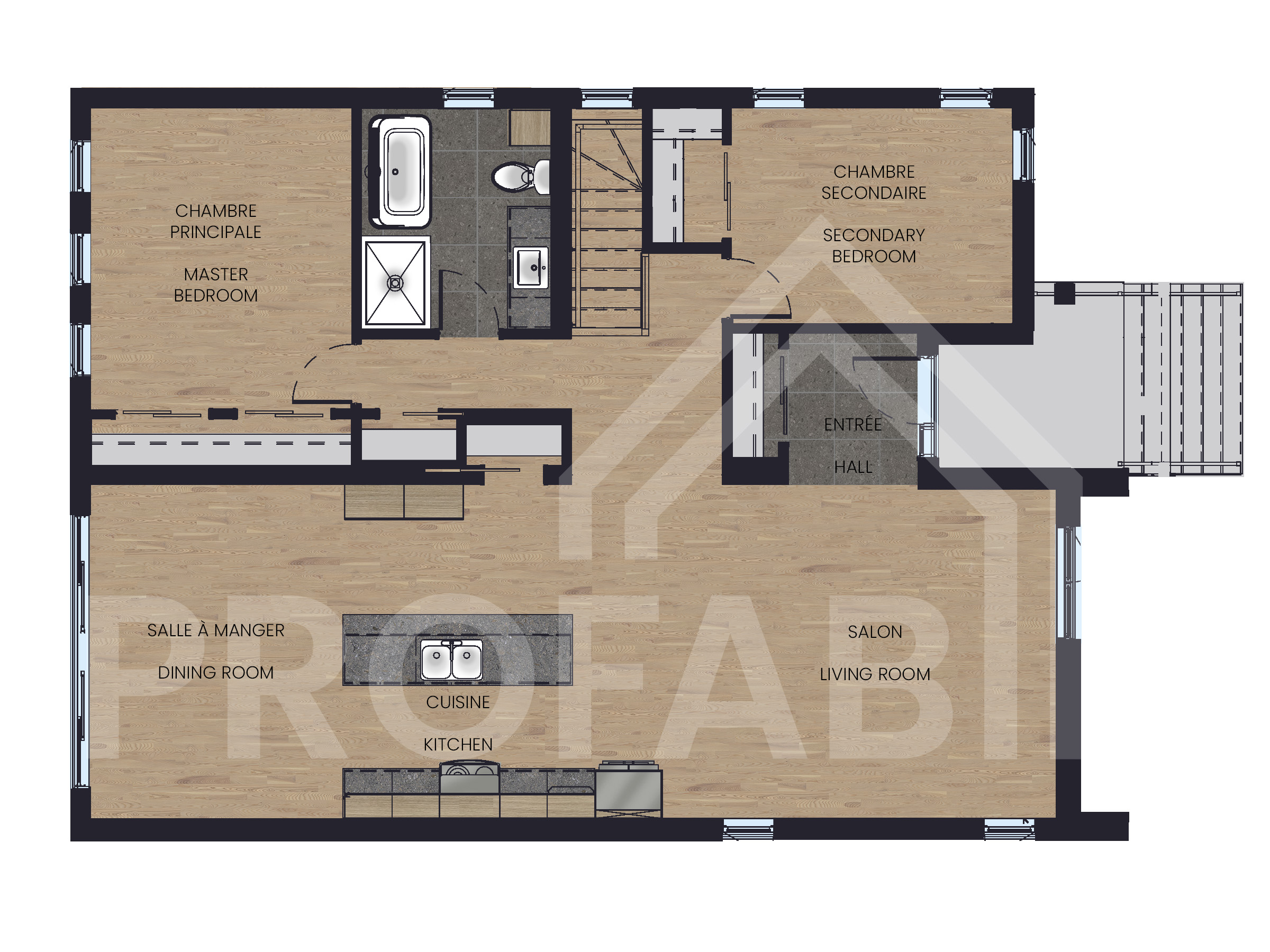 Le modèle Rauma est un plain-pied de style Scandinave. Vue du plan 2D.
