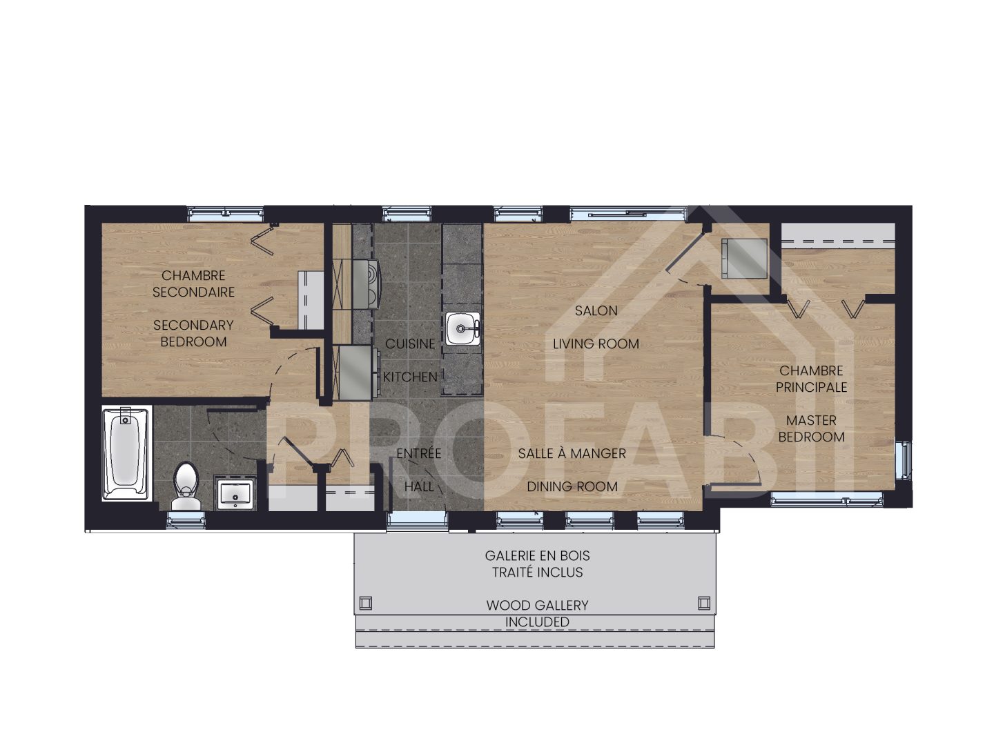 Le modèle Tamaris est un plain-pied micro habitation de style contemporain. Vue du plan 2D.