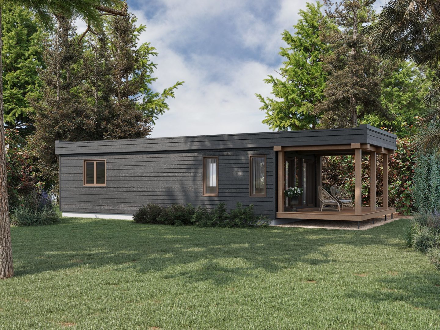 Le modèle Persea est un plain-pied micro habitation de style contemporain. Vue de l'extérieur arrière.