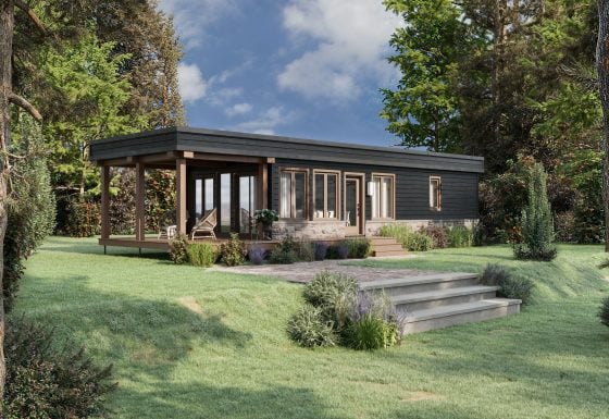 Le modèle Persea est un plain-pied micro habitation de style contemporain. Vue de l'extérieur avant.