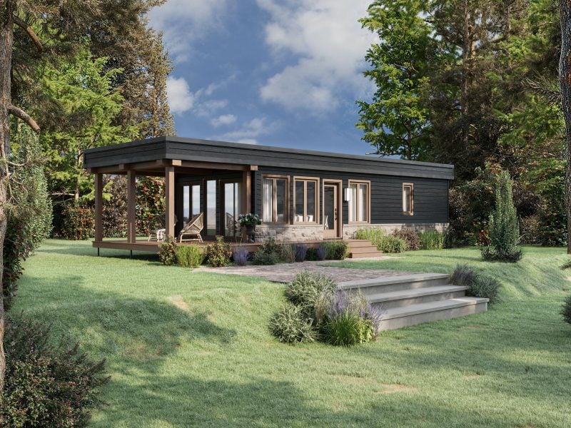 Le modèle Persea est un plain-pied micro habitation de style contemporain. Vue de l'extérieur avant.