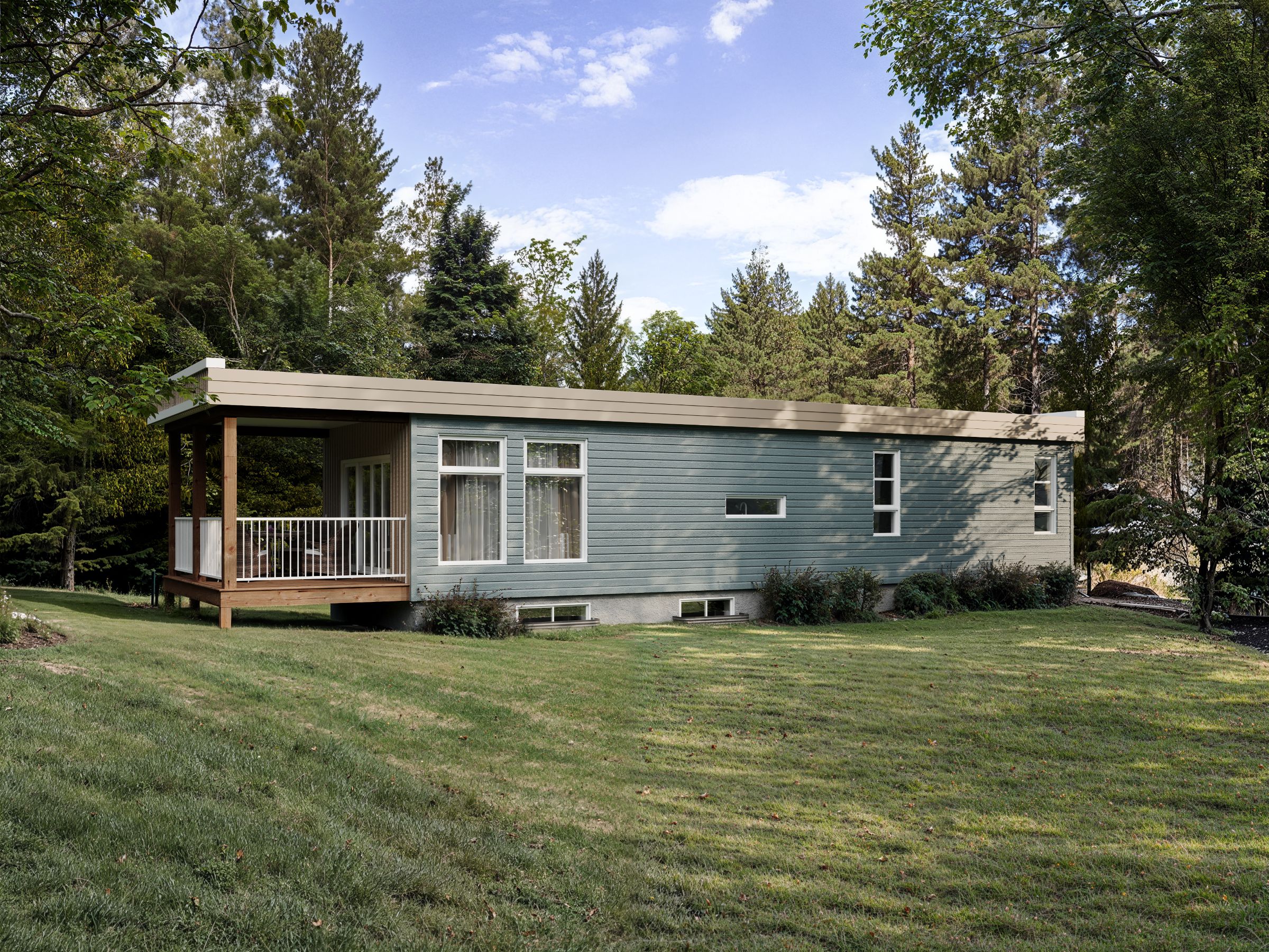 Le modèle Pigna est un plain-pied micro habitation de style contemporain. Vue de l'extérieur arrière.