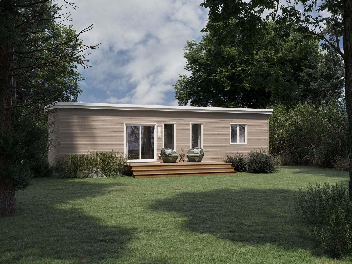 Le modèle Tamaris est un plain-pied micro habitation de style contemporain. Vue de l'extérieur arrière.