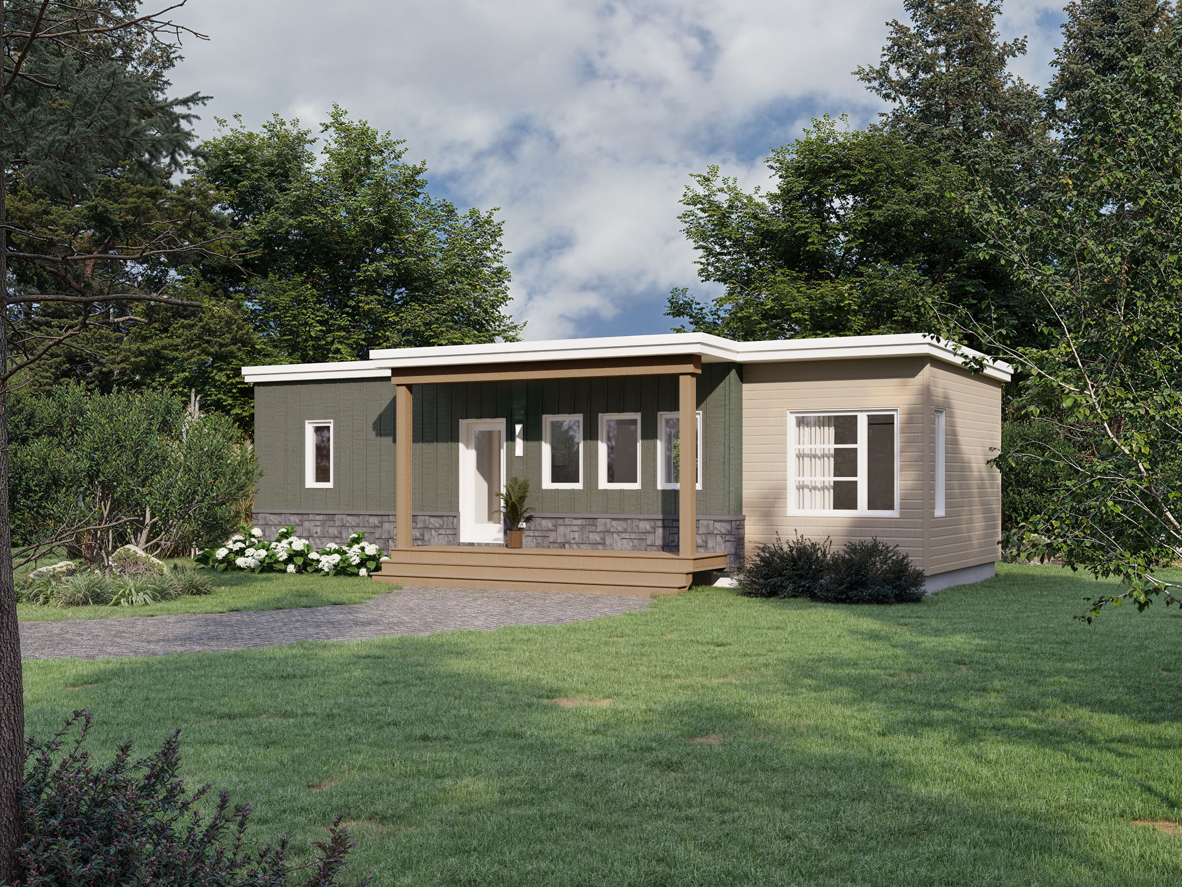 Le modèle Tamaris est un plain-pied micro habitation de style contemporain. Vue de l'extérieur avant.