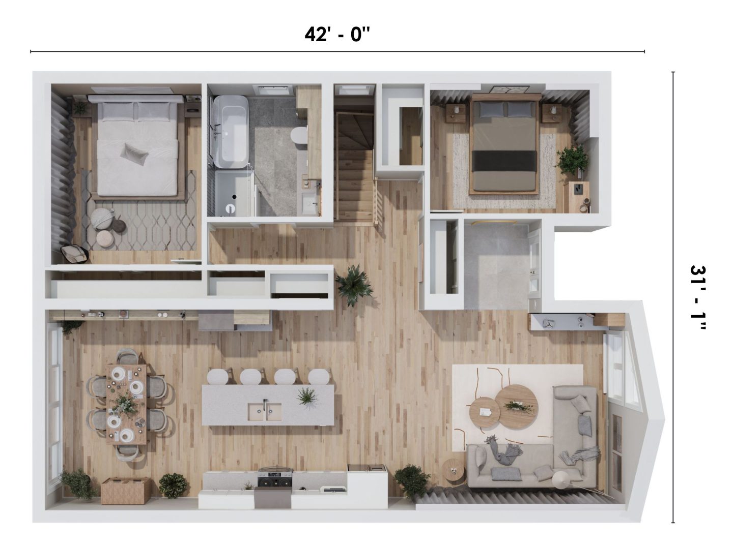 Le modèle Rauma est un plain-pied de style Scandinave. Vue du plan 3D.